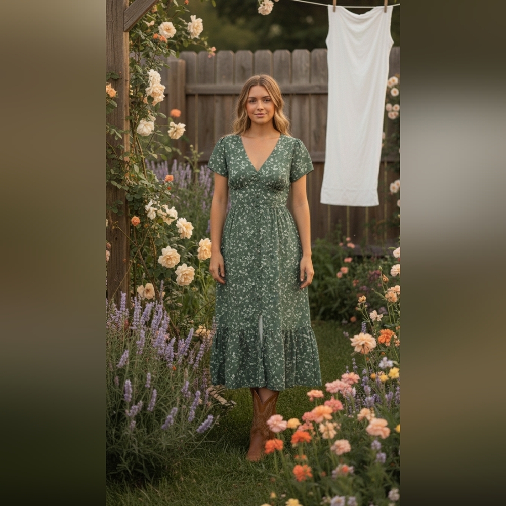 Indigo Rose Green White Floral Short Sleeve V Neck Midi Dress elastic Waist